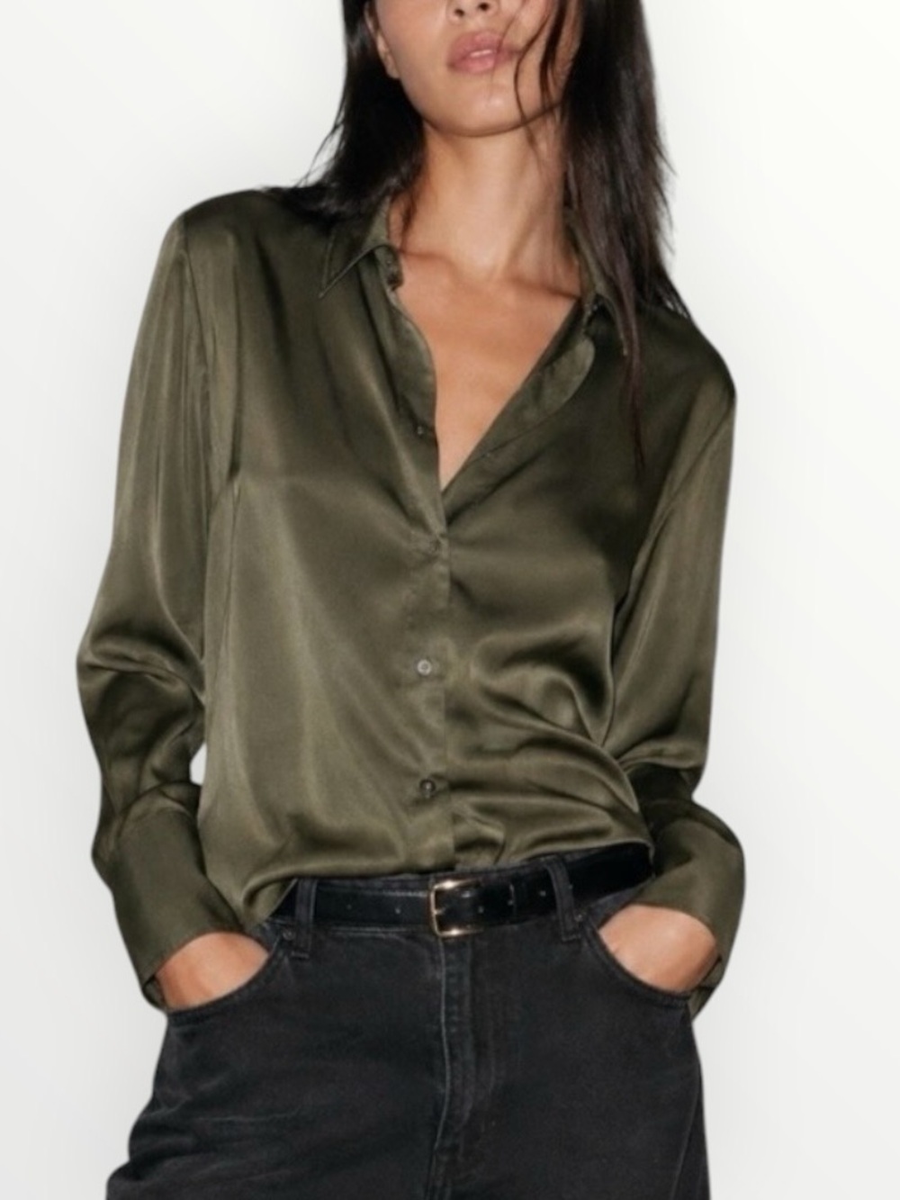H&M Satin V-Neck Button Front Long Sleeve Blouse Women’s M Olive Green